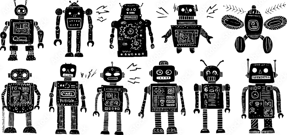 Poster retro futuristic linocut sci-fi robot collection for creative design projects