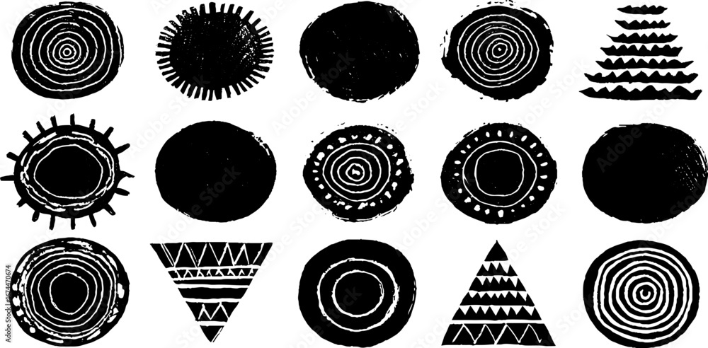 Aufkleber abstract linocut seamless pattern with circles and triangles for vintage design