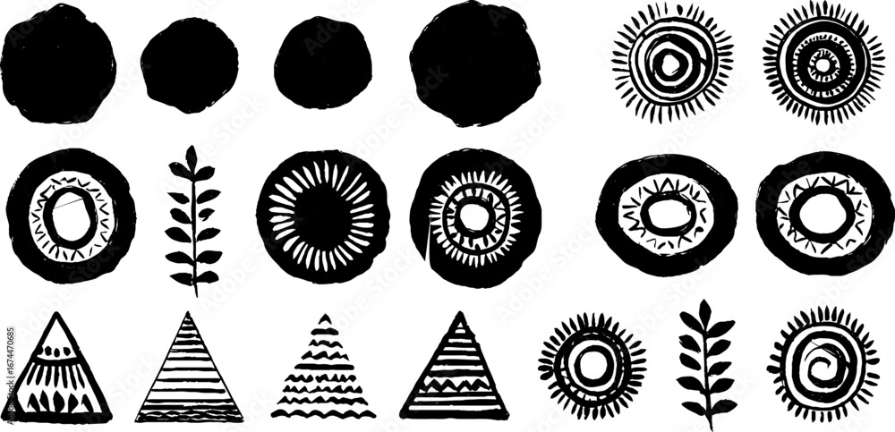 Aufkleber linocut seamless abstract pattern with circles and triangles for boho design and print