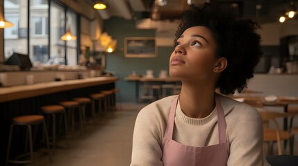 Thoughtful Young Woman Cafe Owner Daydreaming