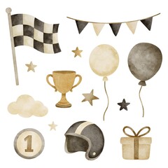Watercolor clipart with racing theme elements — trophy, helmet, flag, balloons, stars and gift on white background. Perfect for stickers, cards, invitations and kids designs.