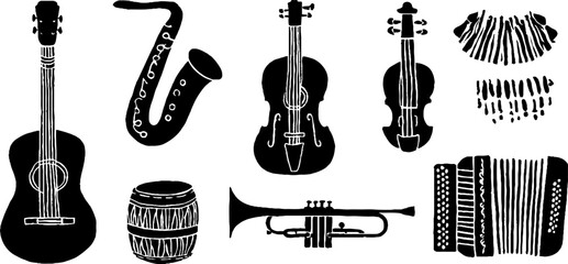 Fototapeta premium Linocut street music collection: guitar, saxophone, violin for vintage design