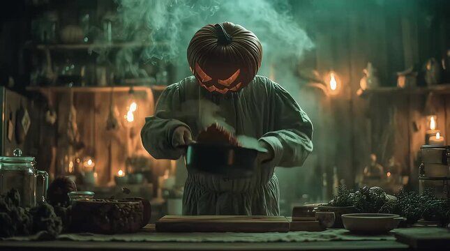 a man with a jack-o-lantern pumpkin head eating bean chili in a house kitchen on Halloween night