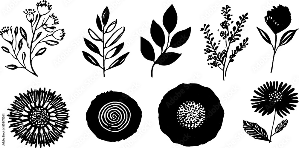 Aufkleber botanical linocut textile patterns pack with vine and leaf motifs for design use