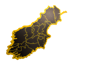 Illustrated map of Ireland with the outlines of counties and regions highlighted in a vibrant yellow on a clean white background