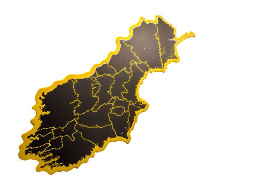 Illustrated map of Ireland with the outlines of counties and regions highlighted in a vibrant yellow on a clean white background
