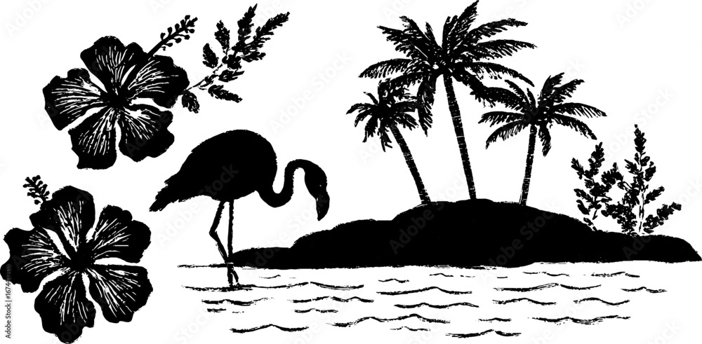 Poster tropical linocut composition with flamingo and palm trees for boho design