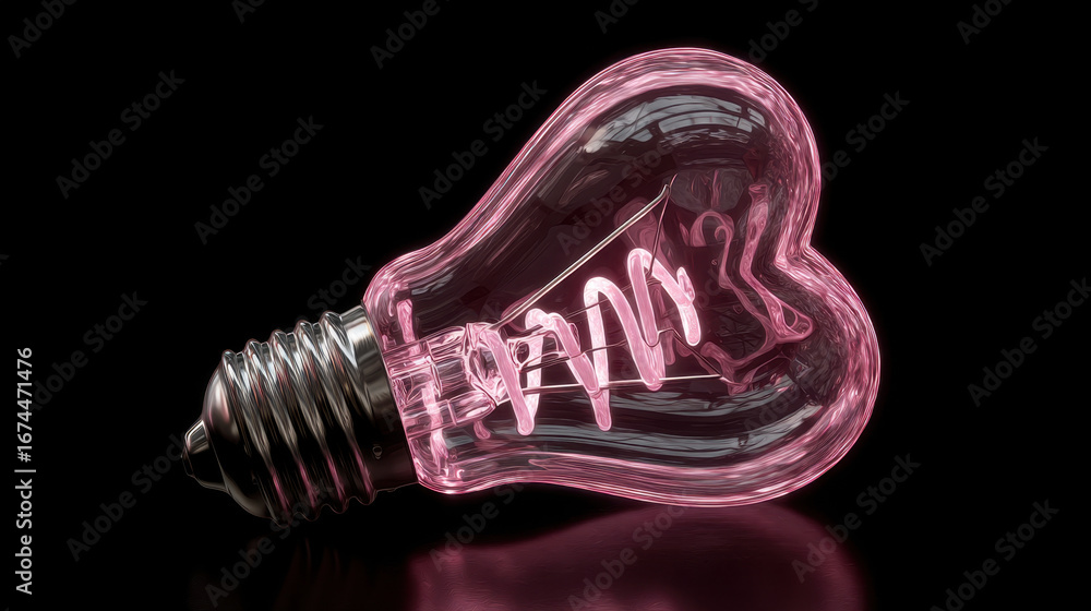 Poster heart shaped light bulb emits soft pink glow, showcasing unique design that combines functionality w