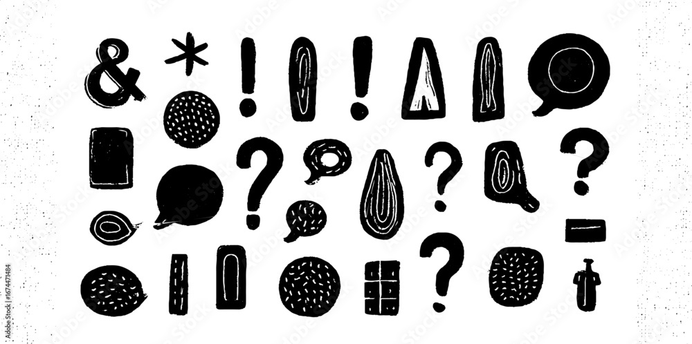 Poster linocut typography icons collection featuring ampersand and exclamation marks for design projects