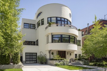 Fototapeta premium Modern architecture shines in a sunny neighborhood featuring a unique circular design, lush greenery, and inviting outdoor space on a bright afternoon