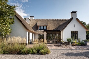 A contemporary house with a thatched roof is enveloped by lush greenery, thoughtfully designed for enjoying outdoor living in a serene daytime atmosphere