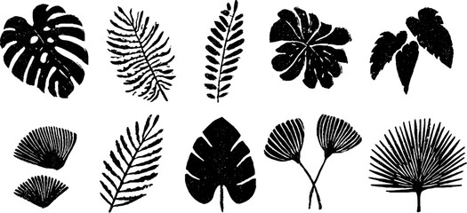 Tropical linocut leaf collection featuring monstera and palm fronds for nature-inspired designs