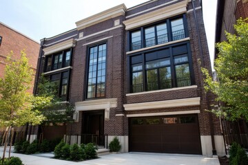 Charming brick townhouse in a residential neighborhood showcasing modern architecture with large windows and a welcoming facade