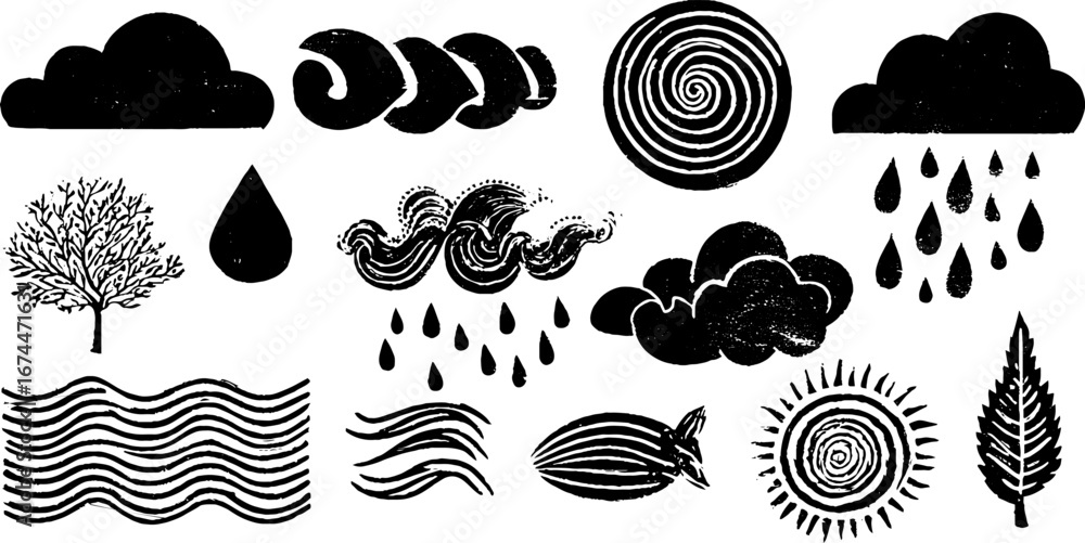 Aufkleber linocut water and air patterns set with waves clouds and spirals for design