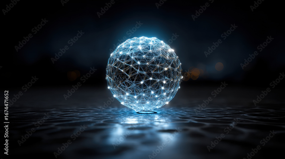 Poster glowing sphere made of interconnected lines and nodes, representing technology and innovation, stand