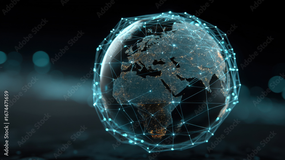 Poster digital globe representing global connectivity, featuring illuminated continents and network of line