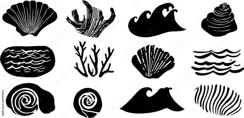 Aufkleber linocut wave patterns collection with spirals and shells for nautical designs