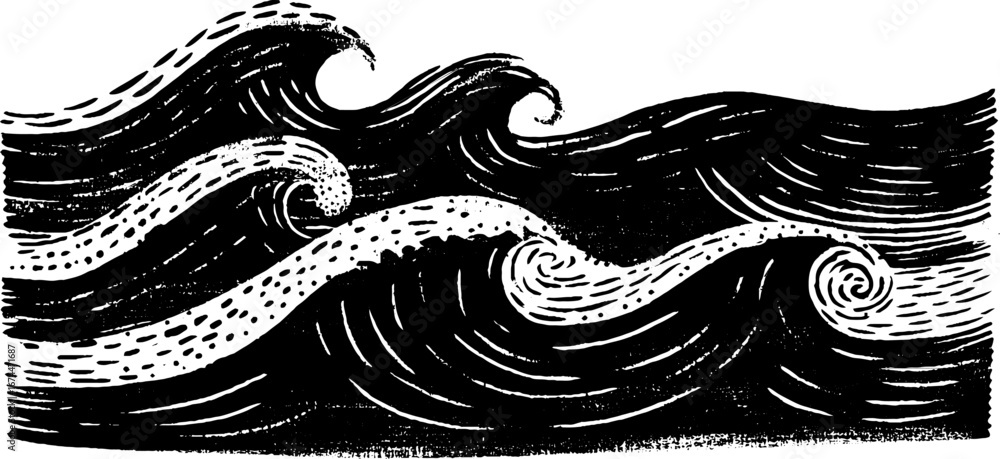 Aufkleber seamless linocut wave pattern with spirals and dots for artistic design