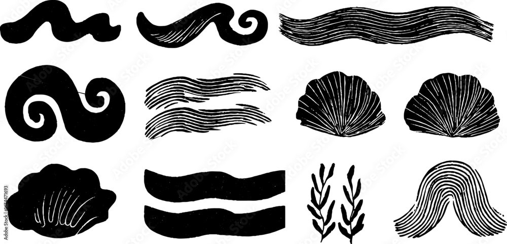 Aufkleber artistic linocut wave ornament set with curls and spirals for design projects