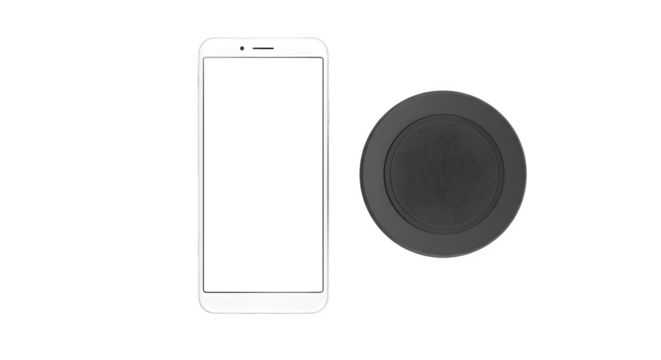 White phone with wireless charger. Minimal, clean surface, technology, branding, presentation, digital design.