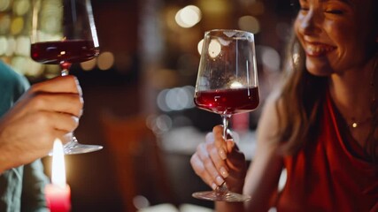 Young couple clinking goblets at dinner in restaurant closeup. Smiling woman man - Powered by Adobe