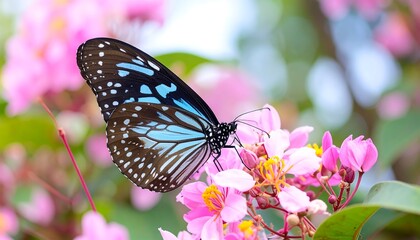 Vibrant butterfly on pink flowers