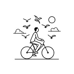 Obraz premium Man riding bicycle in nature with birds and clouds line art vector illustration for outdoor activities