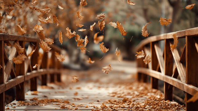 Russet leaves drift gently across a wooden bridge in autumn, painting the scene with warm, golden, and orange hues.