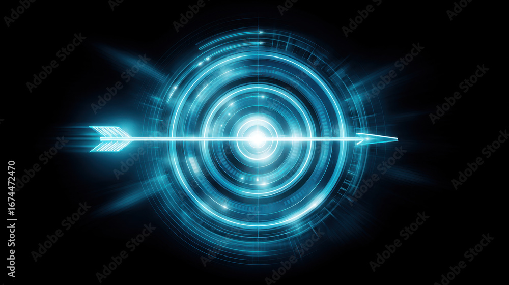 Poster futuristic blue arrow design with glowing circular patterns and digital elements, representing preci