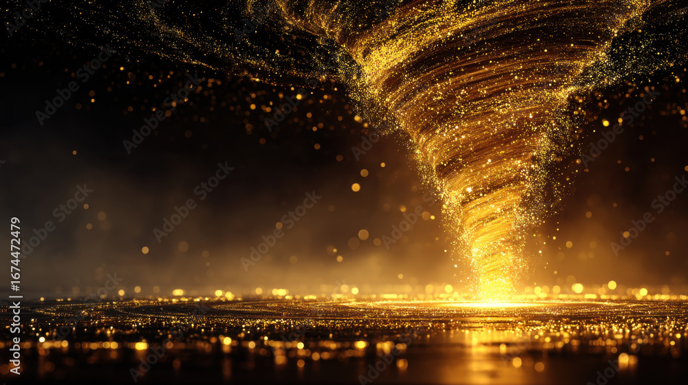 Poster mesmerizing golden tornado swirls upward, surrounded by sparkling particles and misty atmosphere. dy