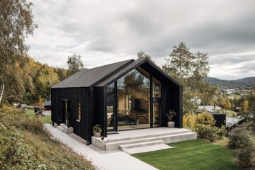 Obraz premium Modern black house with large glass windows situated in a scenic hillside landscape during the early afternoon hours, surrounded by lush greenery and trees