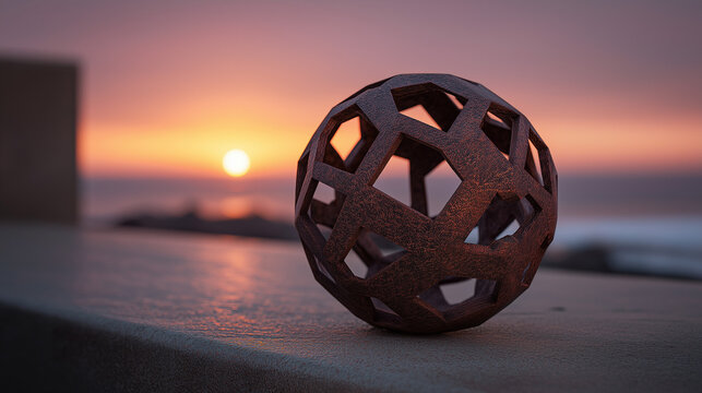 A rusty geometric metal sphere rests on concrete, glowing warmly under the vibrant colors of a setting sun. - Powered by Adobe