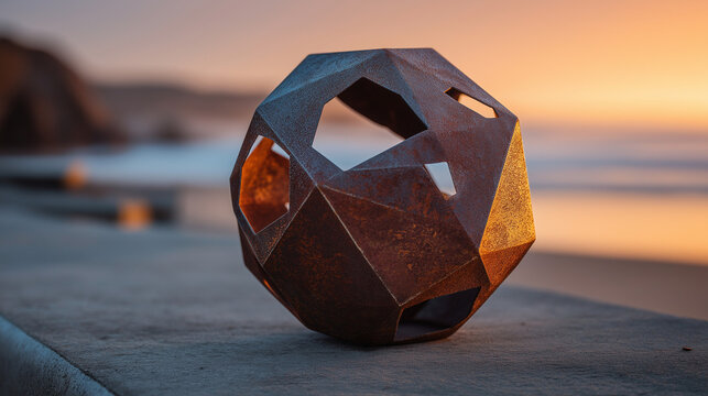 A rusty geometric metal sphere rests on concrete, glowing warmly under the vibrant colors of a setting sun.