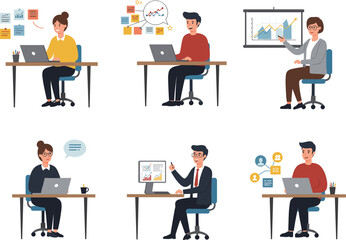 Business people working on laptops, office teamwork illustration, corporate employees analyzing data, online communication, workplace productivity vector, professional meeting clipart design