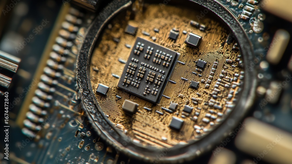 Poster close-up view of a circuit board with integrated chips.
