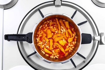 A classic Brazilian dish known as dobradinha, prepared with beef tripe, white beans, and tropical spices, served with traditional farofa made from toasted cassava flour.