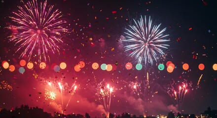 Colorful fireworks with flying confetti and glowing bokeh lights at night, festive celebration background perfect for New Year, parties, festivals, national holidays, and joyful events