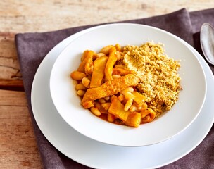 A classic Brazilian dish known as dobradinha, prepared with beef tripe, white beans, and tropical spices, served with traditional farofa made from toasted cassava flour.