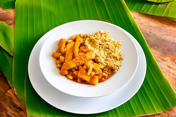 A classic Brazilian dish known as dobradinha, prepared with beef tripe, white beans, and tropical spices, served with traditional farofa made from toasted cassava flour.