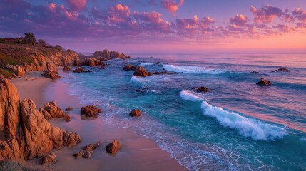 Coastline rocks reflecting golden sunset clouds in the ocean at el matador state beach along the pacific coast highway in california