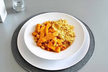 A classic Brazilian dish known as dobradinha, prepared with beef tripe, white beans, and tropical spices, served with traditional farofa made from toasted cassava flour.