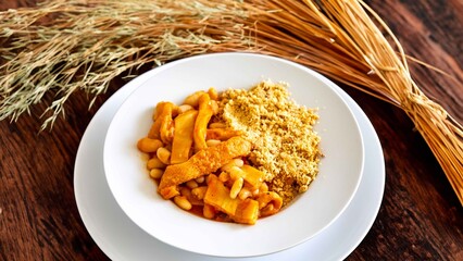 A classic Brazilian dish known as dobradinha, prepared with beef tripe, white beans, and tropical...