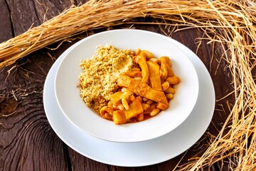 A classic Brazilian dish known as dobradinha, prepared with beef tripe, white beans, and tropical...