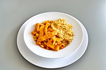 A classic Brazilian dish known as dobradinha, prepared with beef tripe, white beans, and tropical spices, served with traditional farofa made from toasted cassava flour.
