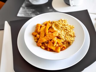 A classic Brazilian dish known as dobradinha, prepared with beef tripe, white beans, and tropical spices, served with traditional farofa made from toasted cassava flour.