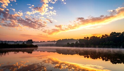 Obraz premium A breathtaking sunset over a calm lake, reflecting vibrant sky colors and hazy trees
