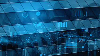 A modern office building features an abstract overlay of data visualization elements, including graphs and charts, symbolizing business analytics and technology integration. Xenic
