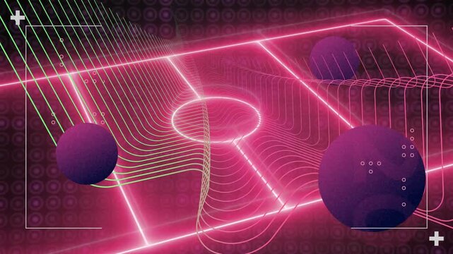 Pink beam flashing sine wave rising, prism undulating and spheres drifting for dynamic animation