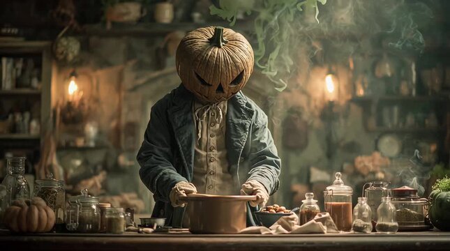 a man with a jack-o-lantern pumpkin head cooking bean chili in a house kitchen on Halloween night