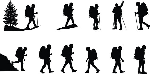 Hiker silhouette walking with backpack, trekking mountain path, outdoor adventure, camping exploration, nature travel illustration, wilderness journey, black shadow artwork, exploration